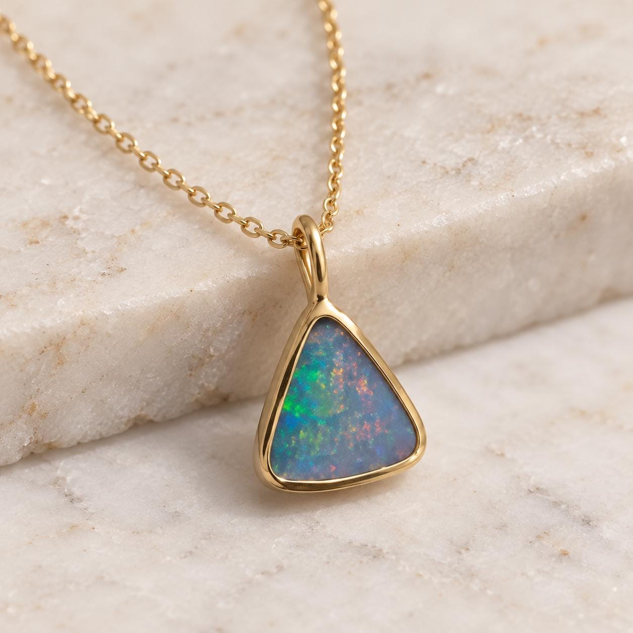 Australian Opal Doublet Pendant Necklace, Uneven Shape, Open Back, Solid Gold with Chain - view 2