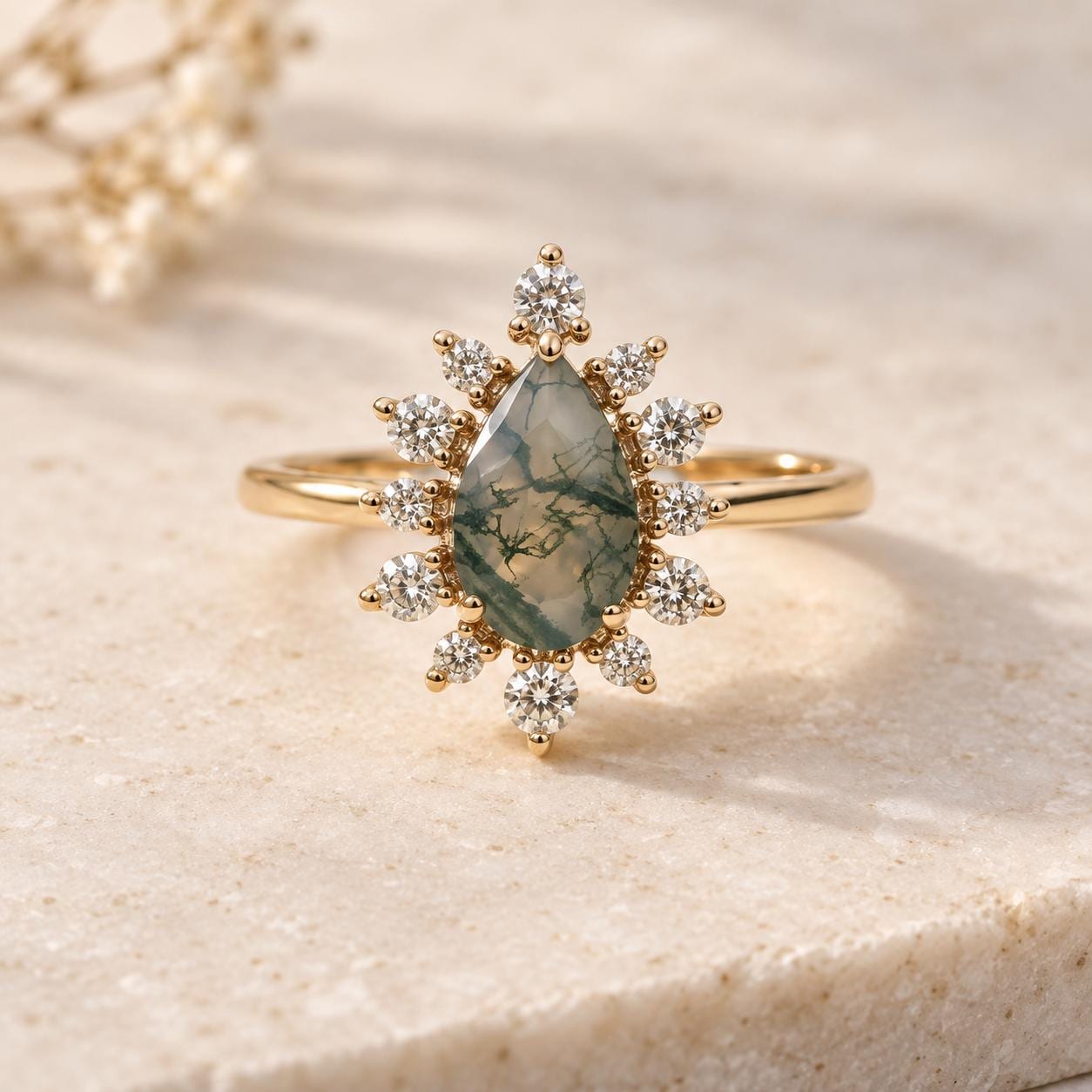 Pear Moss Agate Engagement Ring, Diamond Starburst Halo, Solid Gold (9K 18K)