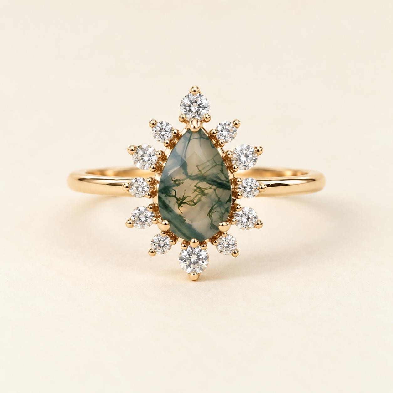 Pear Moss Agate Engagement Ring, Diamond Starburst Halo, Solid Gold (9K 18K) - view 2