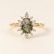 Pear Moss Agate Engagement Ring, Diamond Starburst Halo, Solid Gold (9K 18K) - view 2