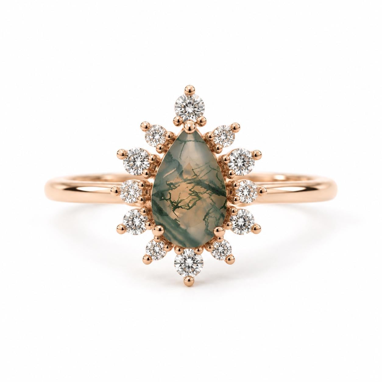 Pear Moss Agate Engagement Ring, Diamond Starburst Halo, Solid Gold (9K 18K) - view 3
