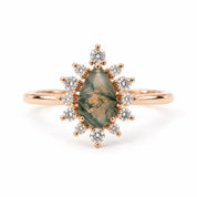 Pear Moss Agate Engagement Ring, Diamond Starburst Halo, Solid Gold (9K 18K) - view 3
