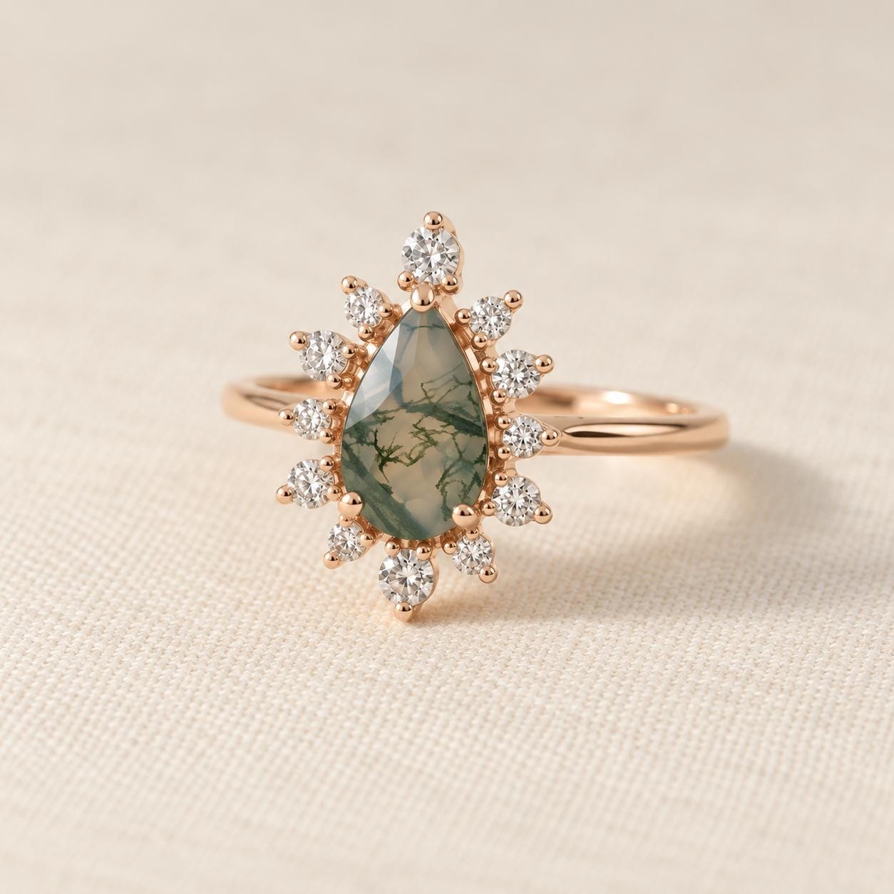 Pear Moss Agate Engagement Ring, Diamond Starburst Halo, Solid Gold (9K 18K) - view 4