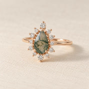 Pear Moss Agate Engagement Ring, Diamond Starburst Halo, Solid Gold (9K 18K) - view 4