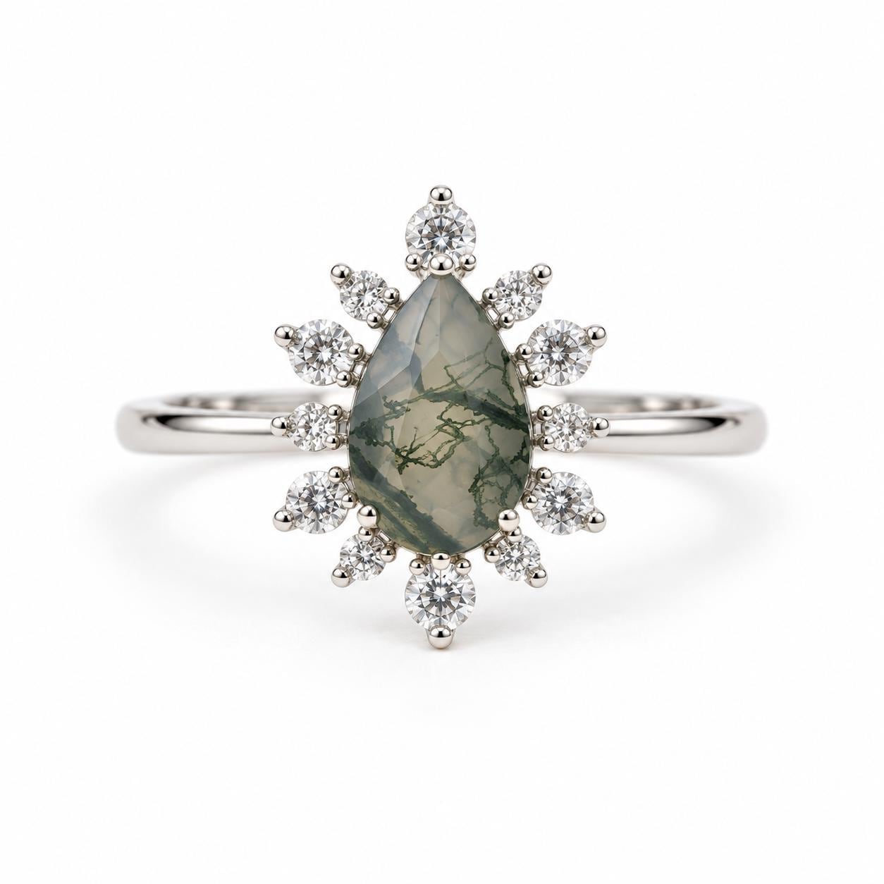 Pear Moss Agate Engagement Ring, Diamond Starburst Halo, Solid Gold (9K 18K) - view 5