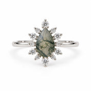 Pear Moss Agate Engagement Ring, Diamond Starburst Halo, Solid Gold (9K 18K) - view 5