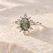 Pear Moss Agate Engagement Ring, Diamond Starburst Halo, Solid Gold (9K 18K) - view 6