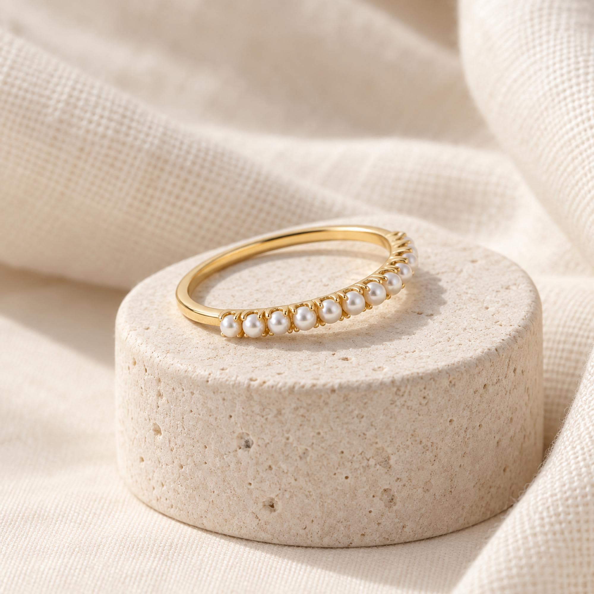 Freshwater Pearl Band Ring, 2mm White Pearls, 9K 14K 18K Solid Gold