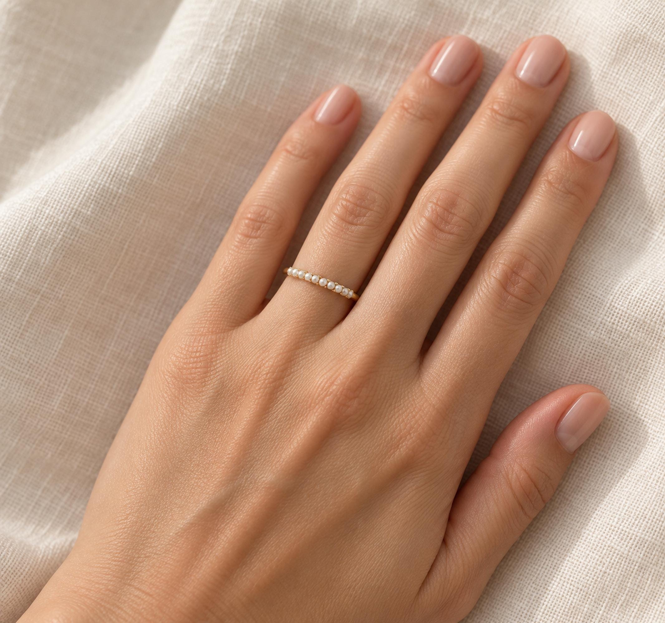 Freshwater Pearl Band Ring, 2mm White Pearls, 9K 14K 18K Solid Gold - view 2