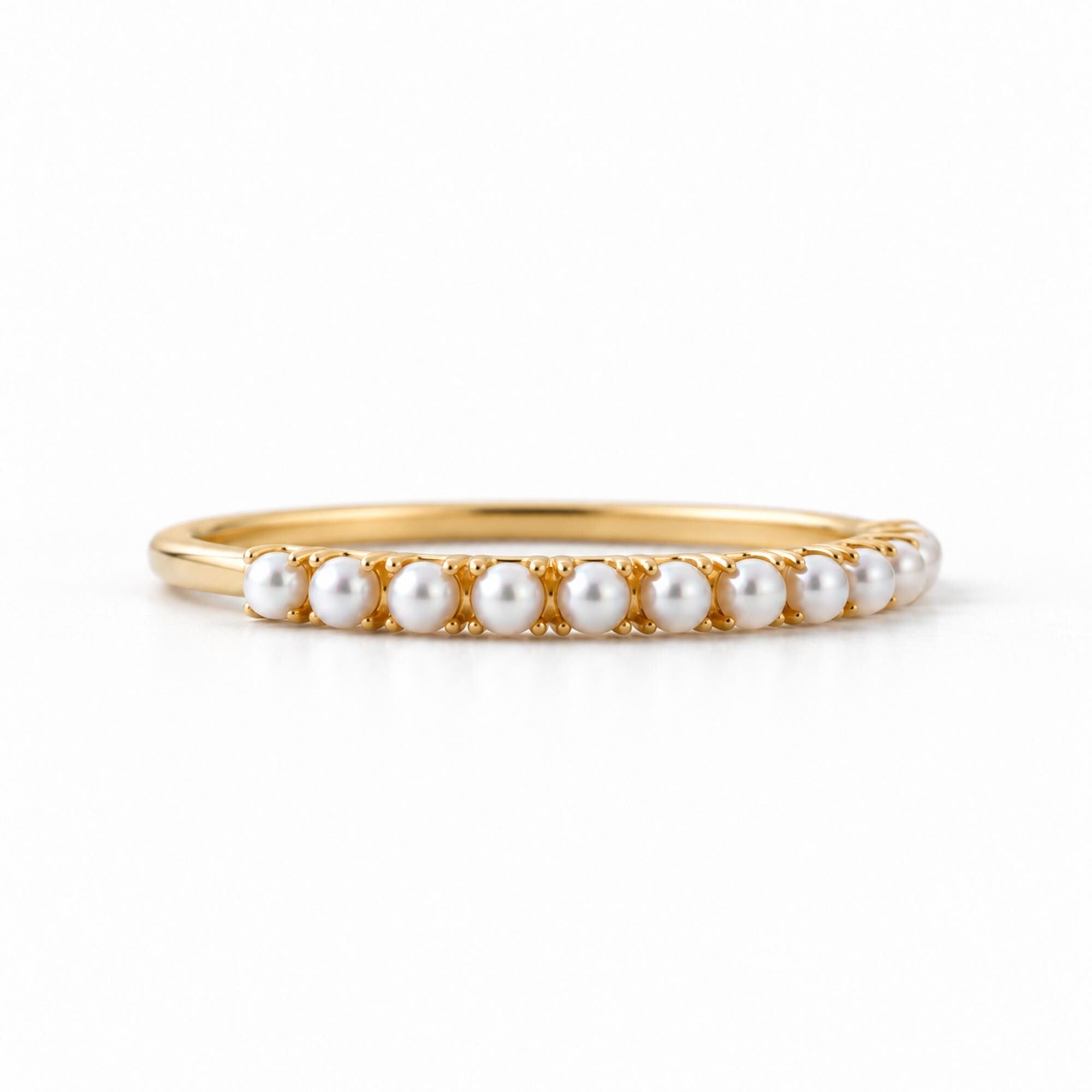 Freshwater Pearl Band Ring, 2mm White Pearls, 9K 14K 18K Solid Gold - view 3