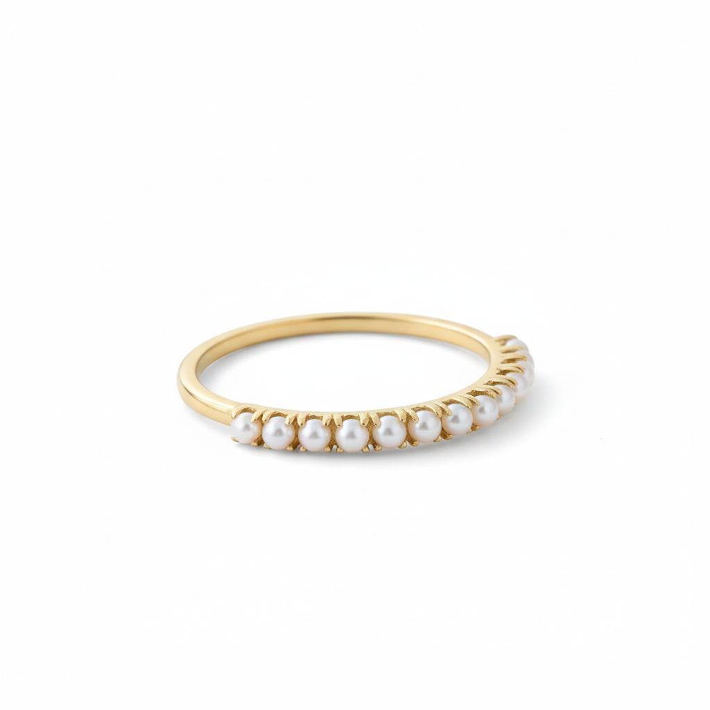 Freshwater Pearl Band Ring, 2mm White Pearls, 9K 14K 18K Solid Gold - view 4