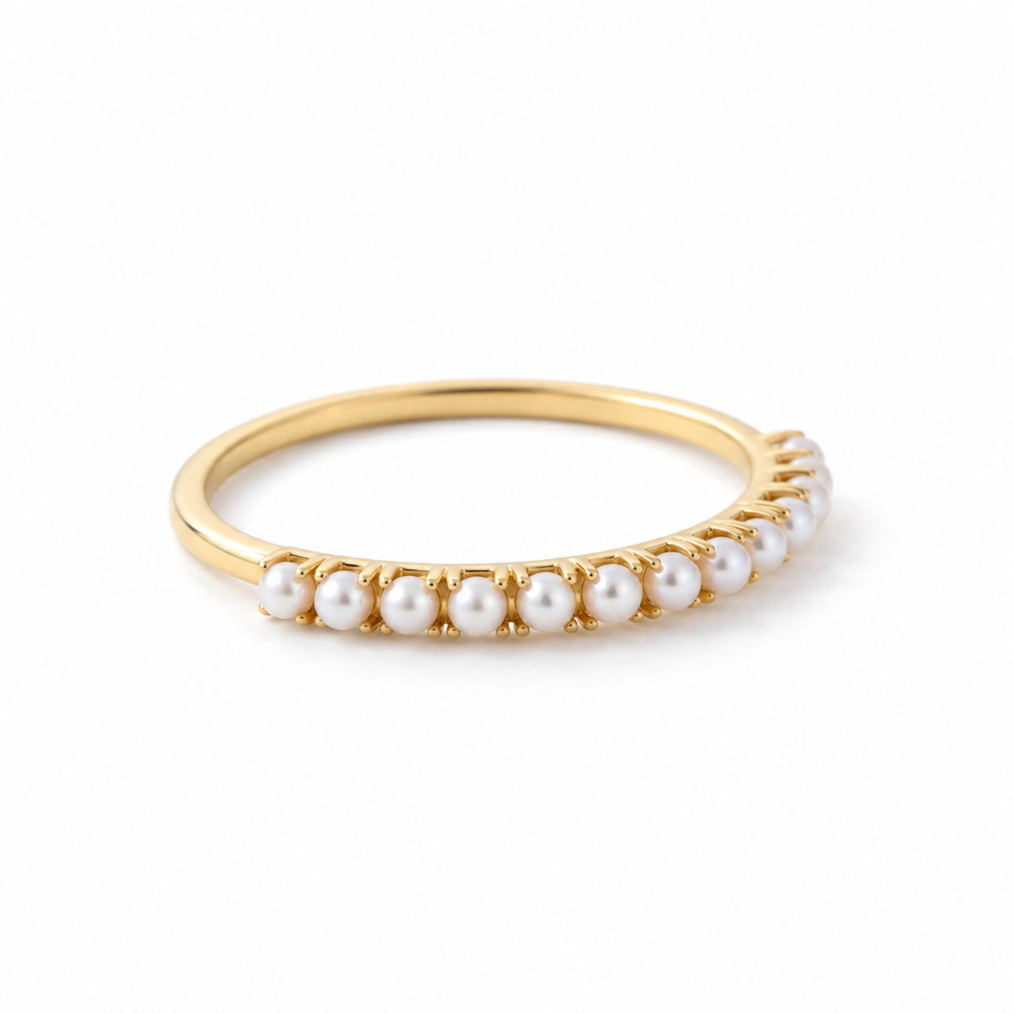 Freshwater Pearl Band Ring, 2mm White Pearls, 9K 14K 18K Solid Gold - view 5