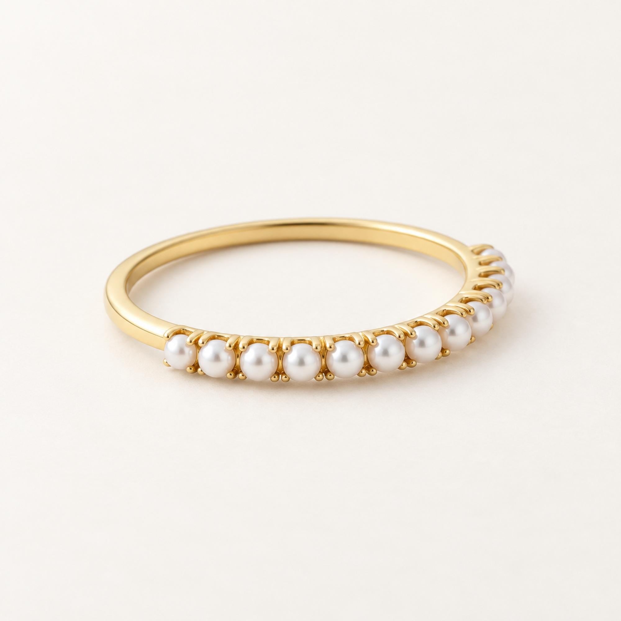 Freshwater Pearl Band Ring, 2mm White Pearls, 9K 14K 18K Solid Gold - view 6