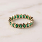 Natural Oval Emerald Wedding Band, 14K Gold Bezel Set Eternity Ring, Gemstone Stackable Rings, May