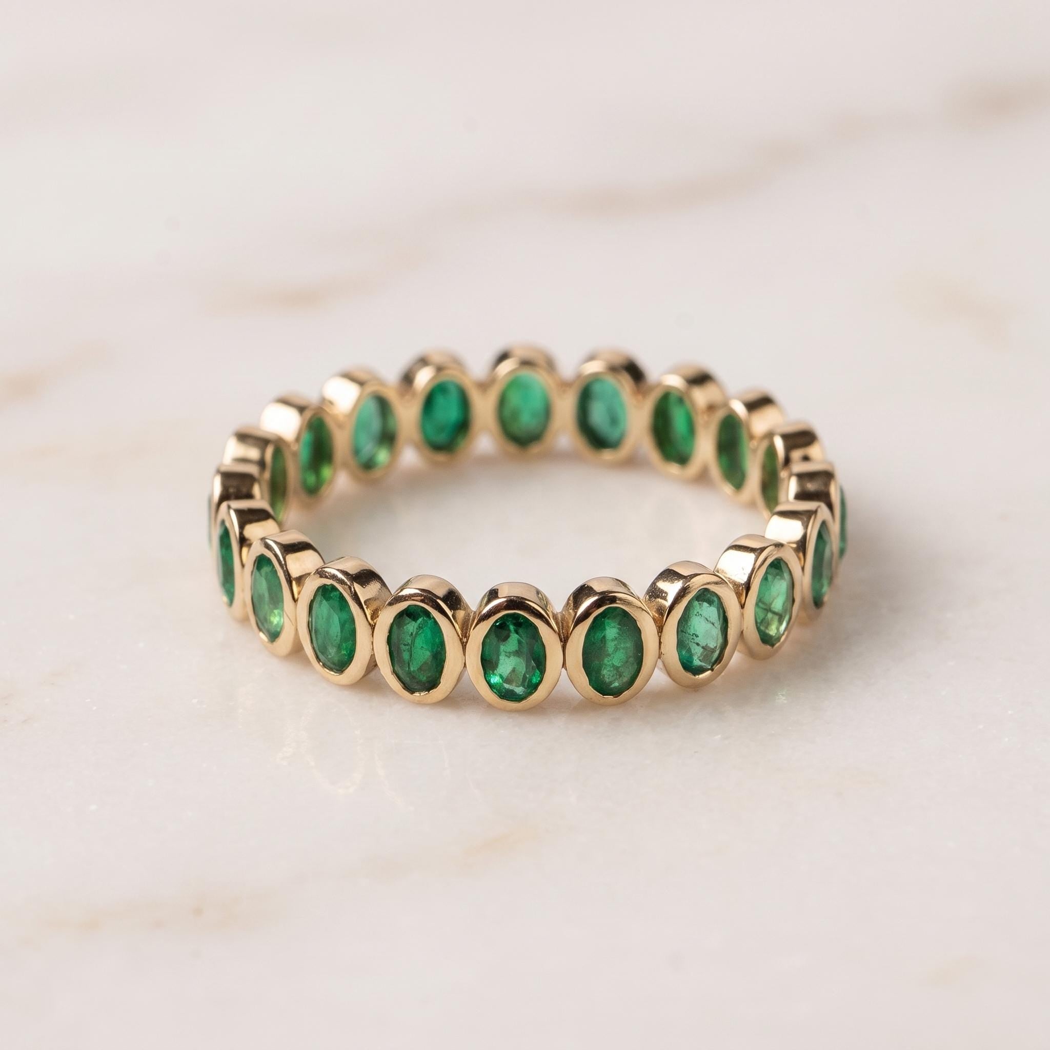 Natural Oval Emerald Wedding Band, 14K Gold Bezel Set Eternity Ring, Gemstone Stackable Rings, May