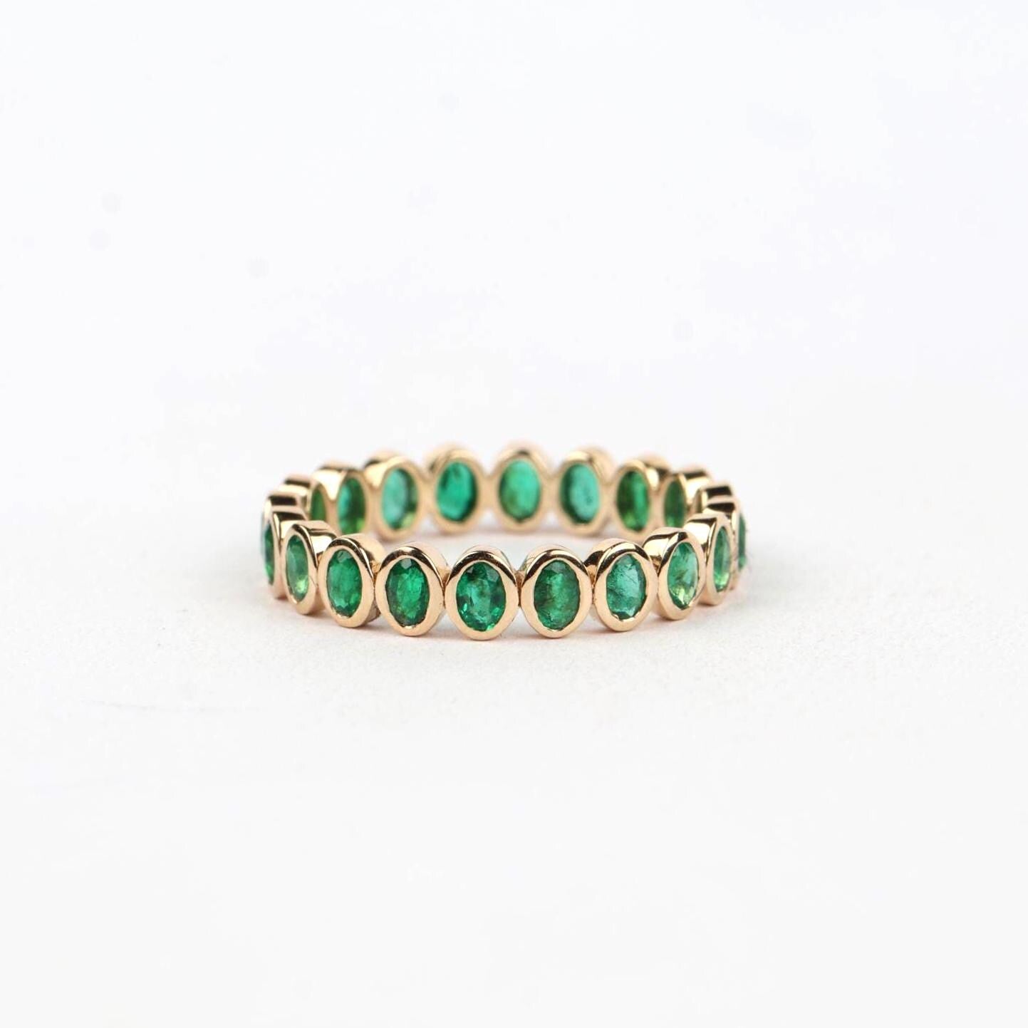 Natural Oval Emerald Wedding Band, 14K Gold Bezel Set Eternity Ring, Gemstone Stackable Rings, May - view 2