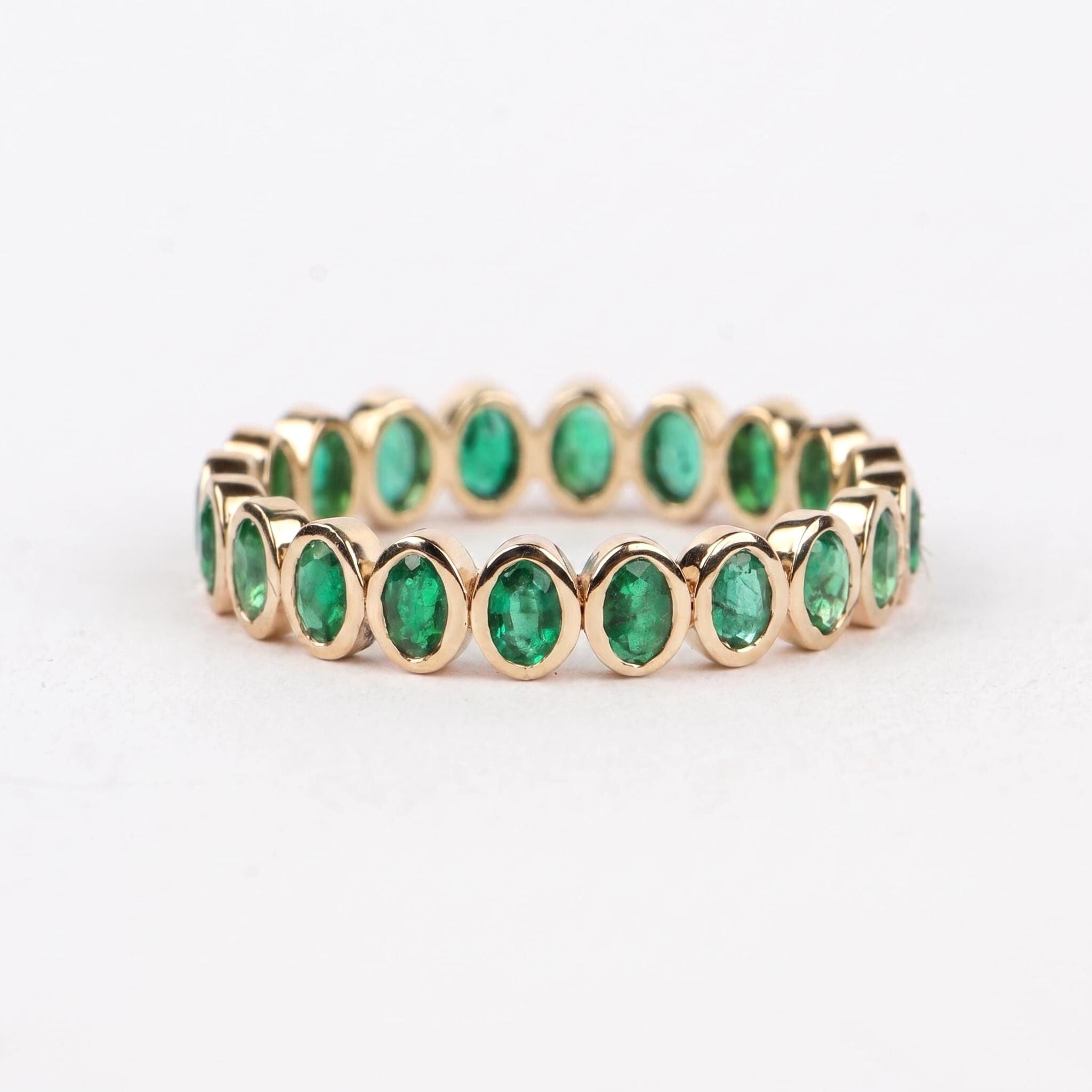 Natural Oval Emerald Wedding Band, 14K Gold Bezel Set Eternity Ring, Gemstone Stackable Rings, May - view 3
