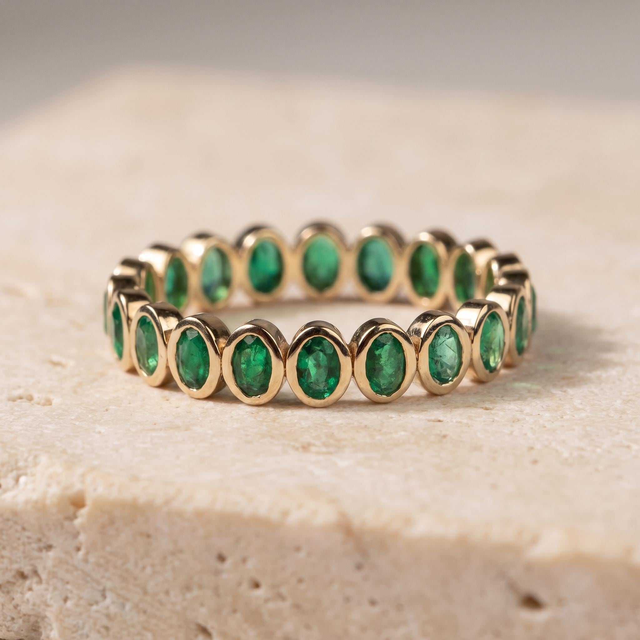 Natural Oval Emerald Wedding Band, 14K Gold Bezel Set Eternity Ring, Gemstone Stackable Rings, May - view 6