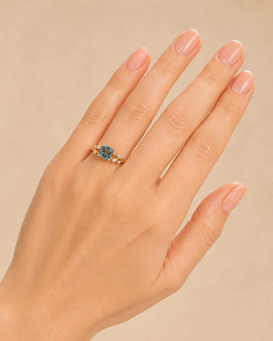 London Blue Topaz, Lab Grown Diamond Solid Gold Nature Inspired Promise Wedding December Birthstone