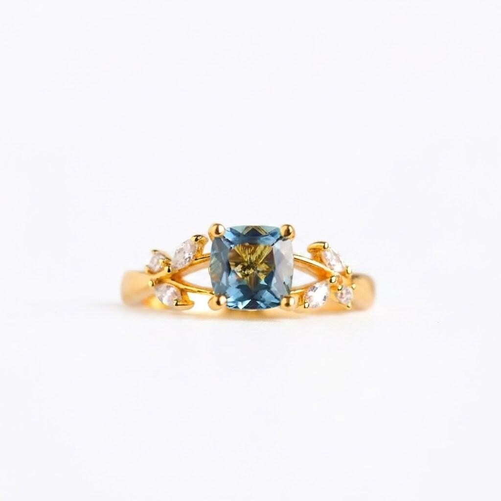 London Blue Topaz, Lab Grown Diamond Solid Gold Nature Inspired Promise Wedding December Birthstone - view 2