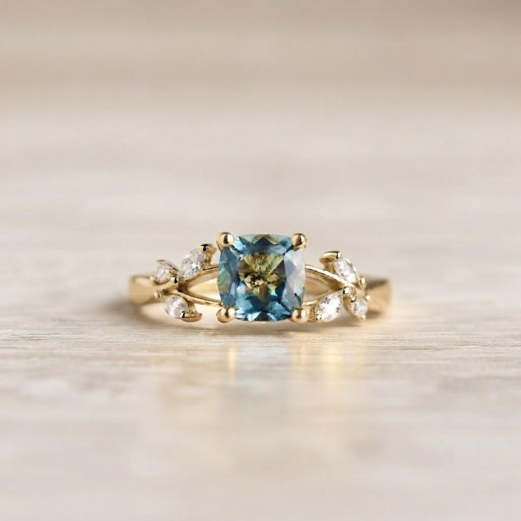 London Blue Topaz, Lab Grown Diamond Solid Gold Nature Inspired Promise Wedding December Birthstone - view 3