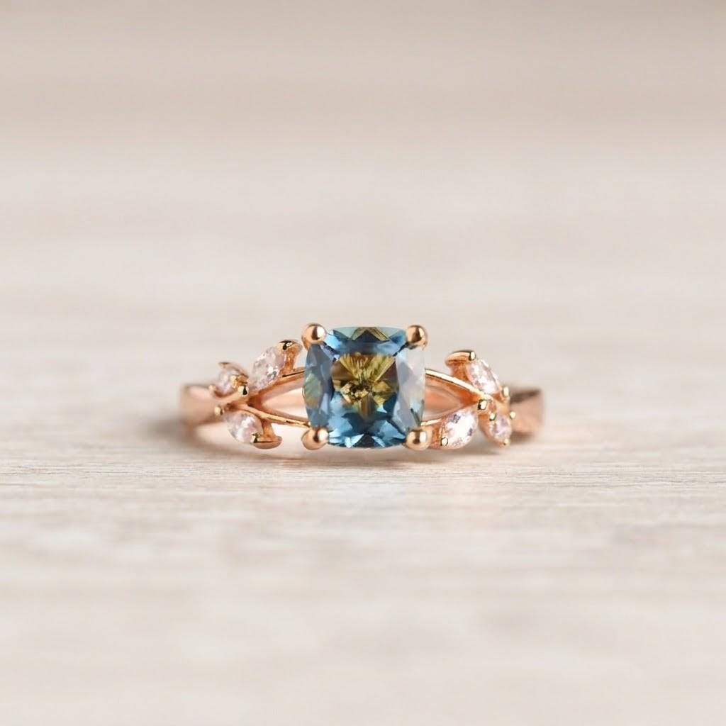 London Blue Topaz, Lab Grown Diamond Solid Gold Nature Inspired Promise Wedding December Birthstone - view 4