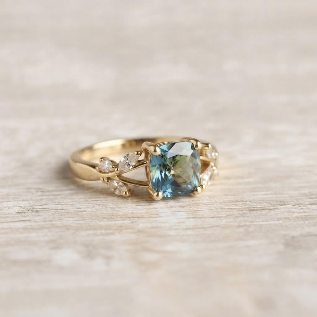 London Blue Topaz, Lab Grown Diamond Solid Gold Nature Inspired Promise Wedding December Birthstone - view 5