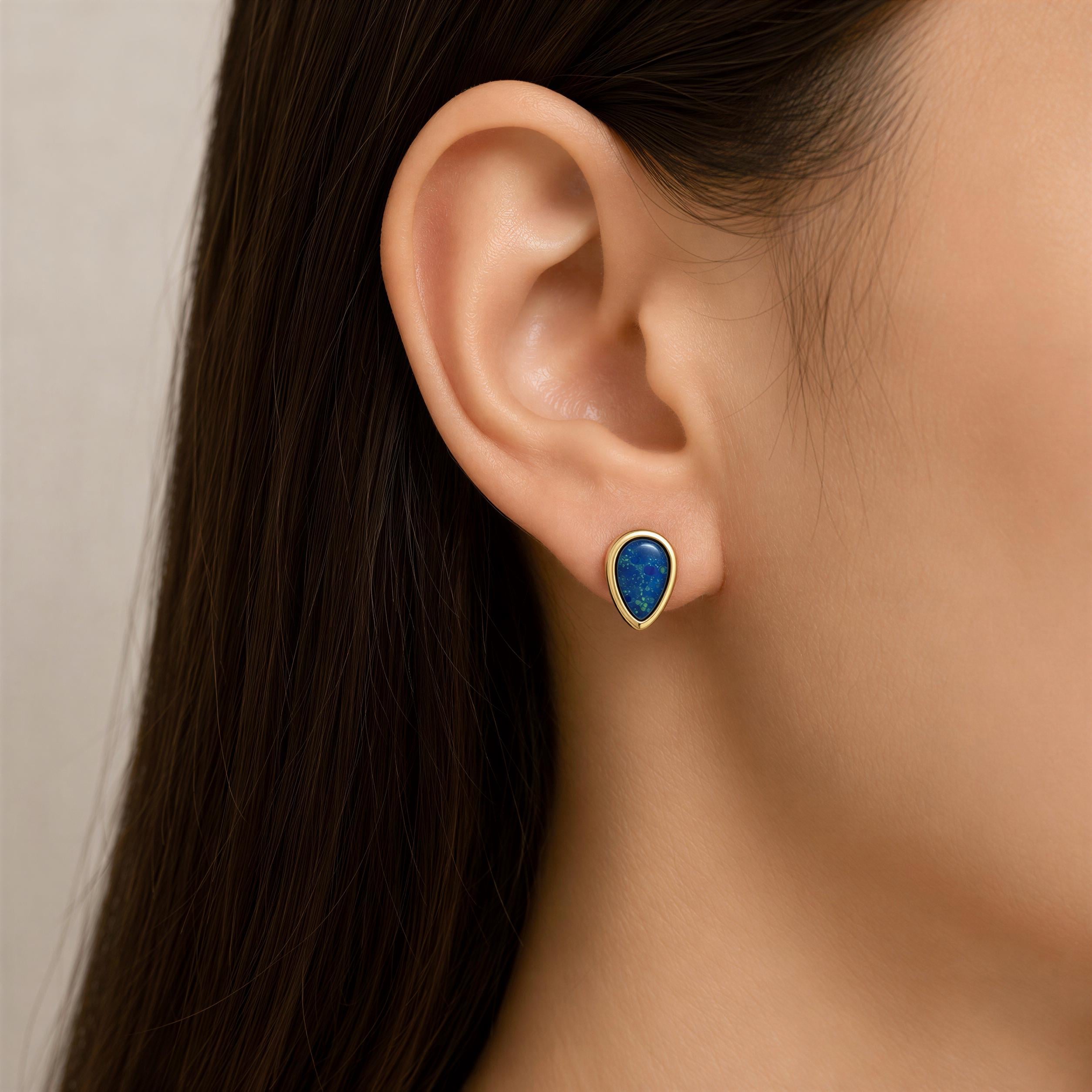 Opal Stud Earrings, Free Form Australian Doublet, Solid Gold Bezel, Blue Black Minimalist Birthstone