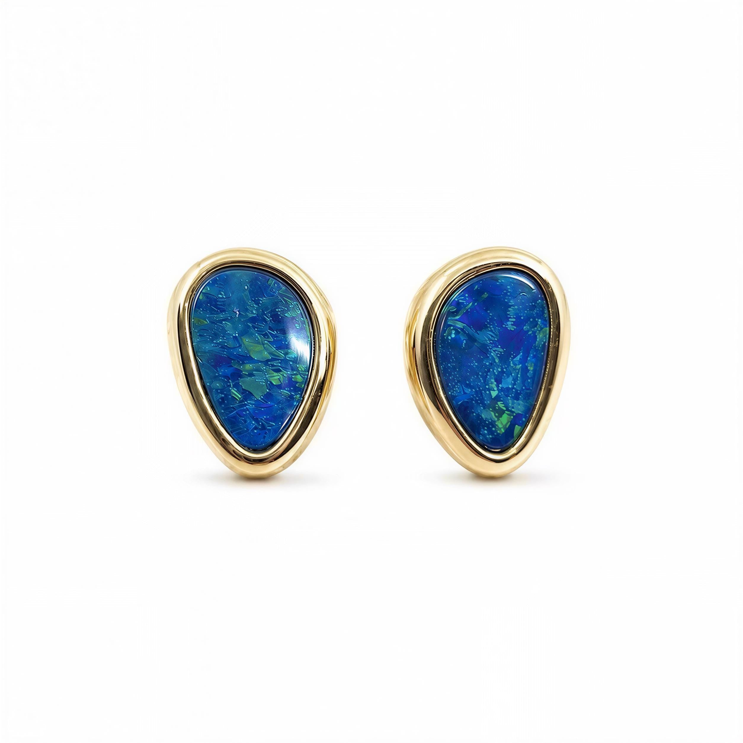 Opal Stud Earrings, Free Form Australian Doublet, Solid Gold Bezel, Blue Black Minimalist Birthstone - view 2