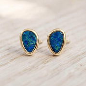 Opal Stud Earrings, Free Form Australian Doublet, Solid Gold Bezel, Blue Black Minimalist Birthstone - view 3