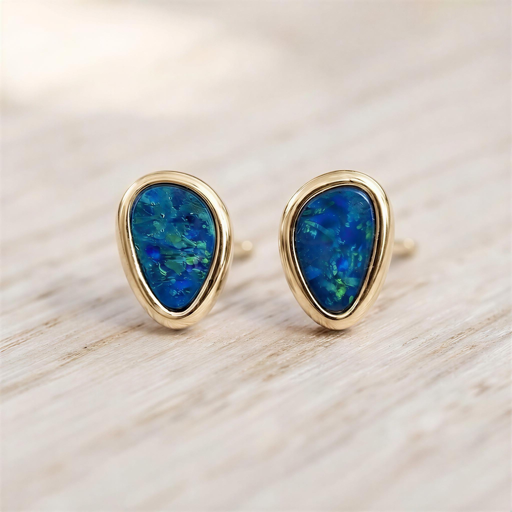 Opal Stud Earrings, Free Form Australian Doublet, Solid Gold Bezel, Blue Black Minimalist Birthstone - view 3