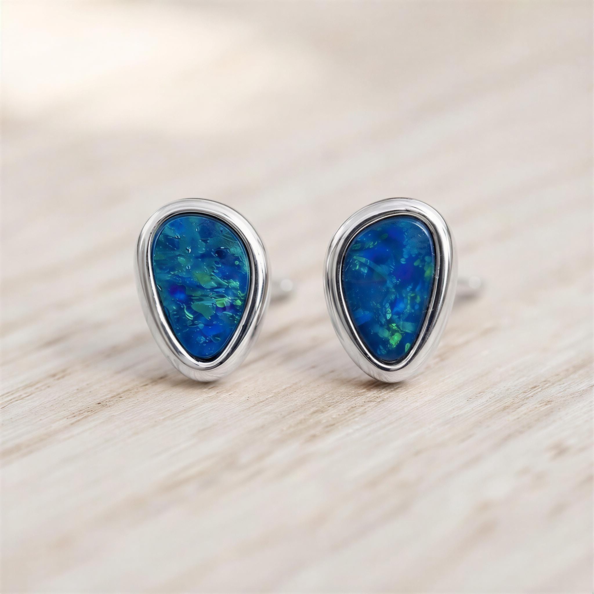 Opal Stud Earrings, Free Form Australian Doublet, Solid Gold Bezel, Blue Black Minimalist Birthstone - view 4