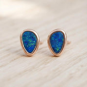 Opal Stud Earrings, Free Form Australian Doublet, Solid Gold Bezel, Blue Black Minimalist Birthstone - view 5