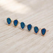 Opal Stud Earrings, Free Form Australian Doublet, Solid Gold Bezel, Blue Black Minimalist Birthstone - view 6