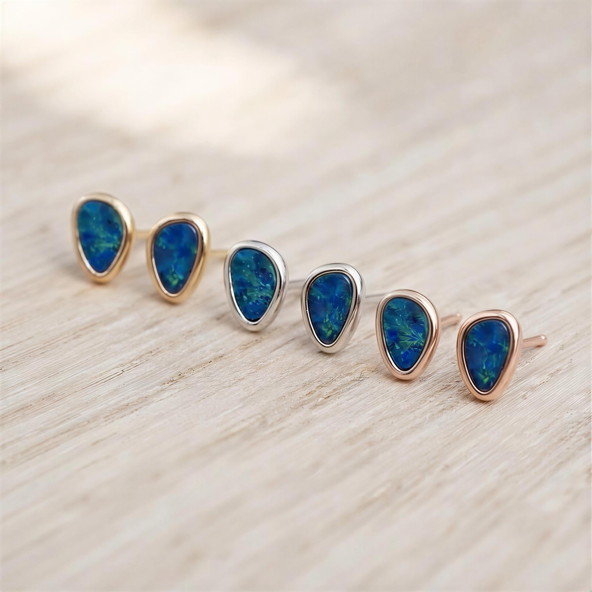 Opal Stud Earrings, Free Form Australian Doublet, Solid Gold Bezel, Blue Black Minimalist Birthstone - view 6