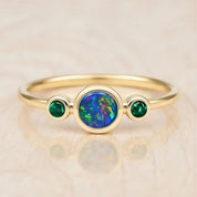 Australian Opal Ring, Bezel Set Doublet, Emerald Accent, 14K Gold, Size 3 9, Birthstone