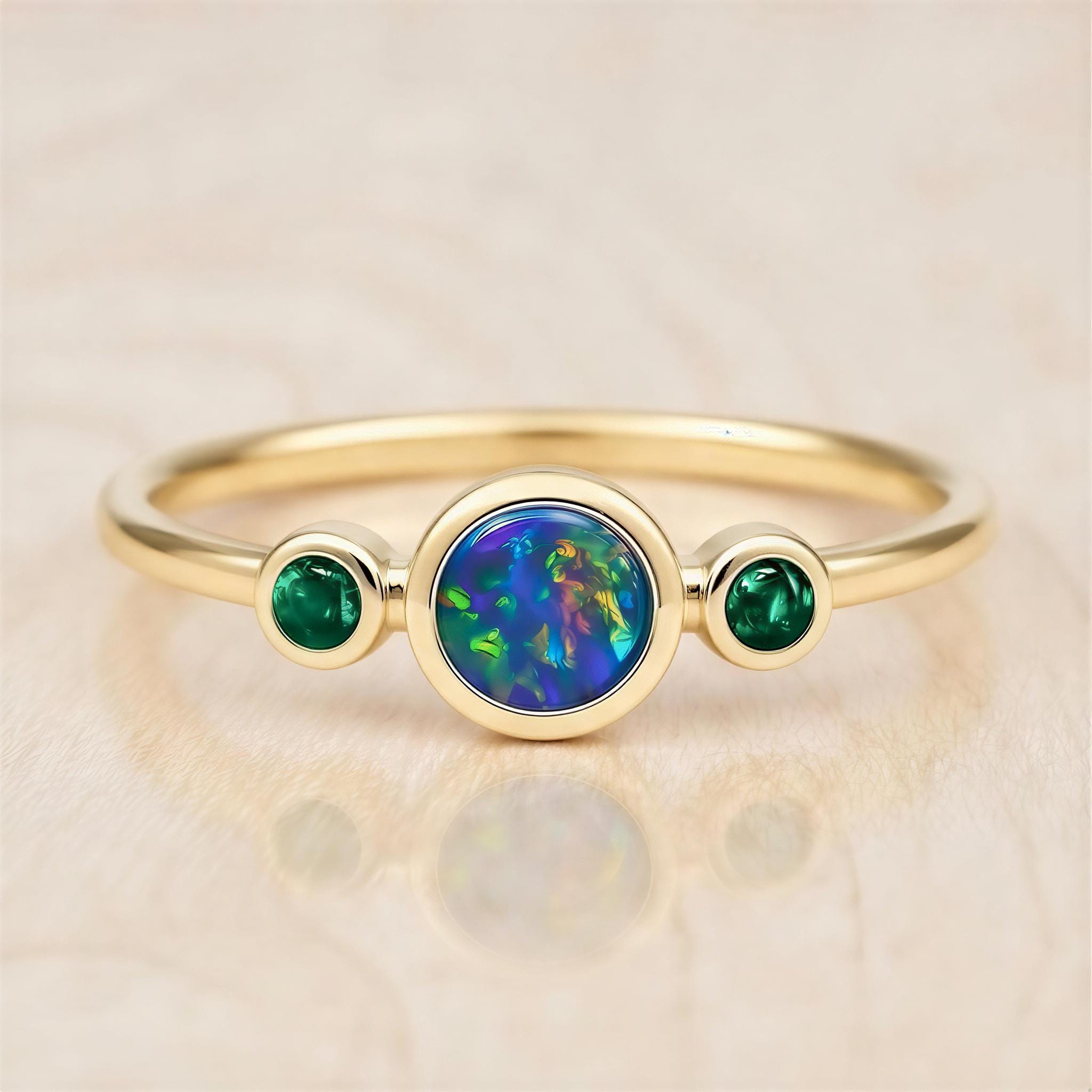 Australian Opal Ring, Bezel Set Doublet, Emerald Accent, 14K Gold, Size 3 9, Birthstone