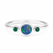 Australian Opal Ring, Bezel Set Doublet, Emerald Accent, 14K Gold, Size 3 9, Birthstone - view 2