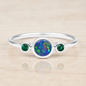 Australian Opal Ring, Bezel Set Doublet, Emerald Accent, 14K Gold, Size 3 9, Birthstone - view 3