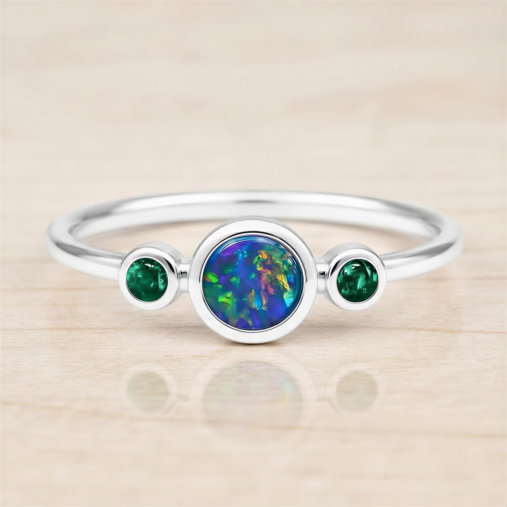 Australian Opal Ring, Bezel Set Doublet, Emerald Accent, 14K Gold, Size 3 9, Birthstone - view 3
