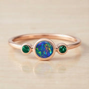 Australian Opal Ring, Bezel Set Doublet, Emerald Accent, 14K Gold, Size 3 9, Birthstone - view 4