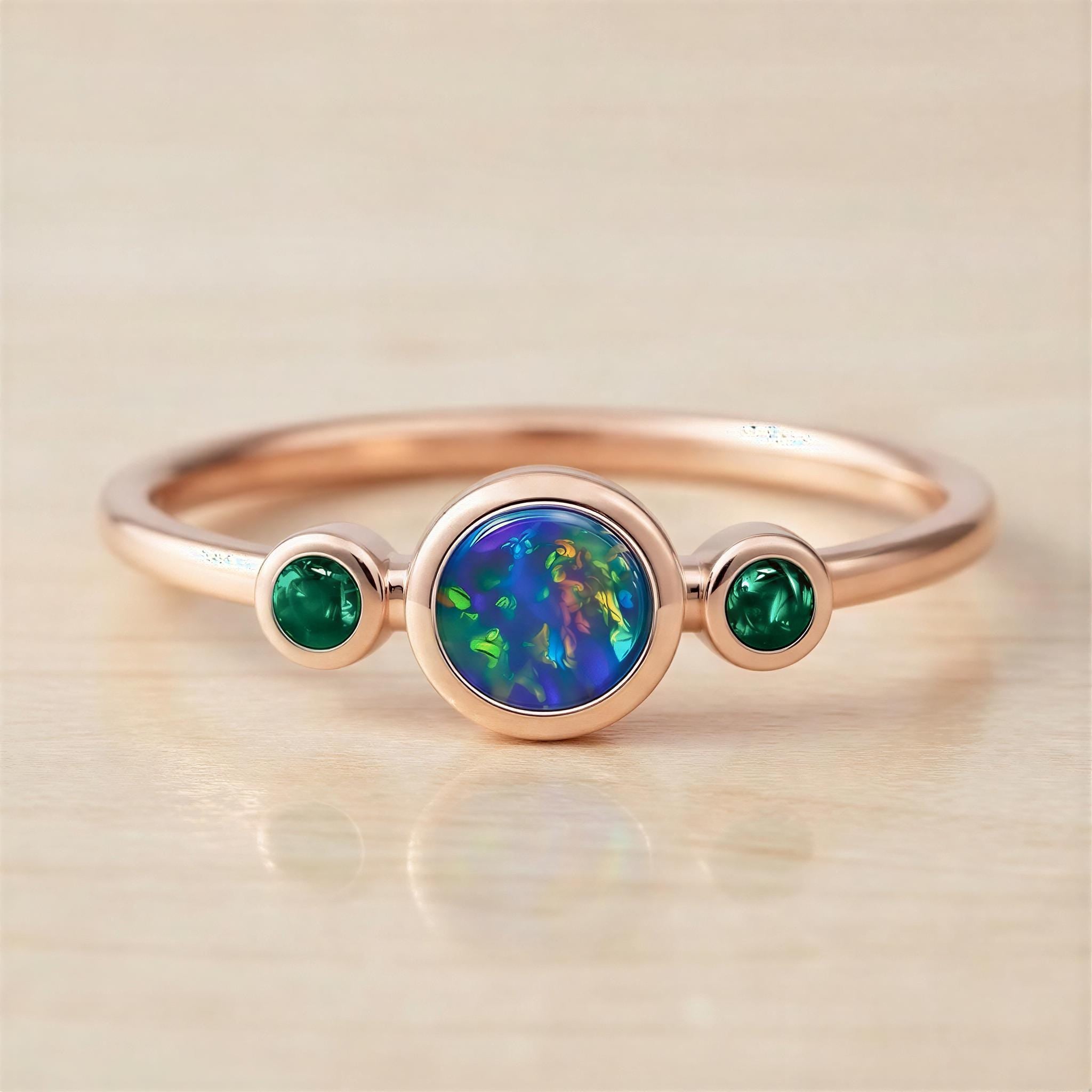 Australian Opal Ring, Bezel Set Doublet, Emerald Accent, 14K Gold, Size 3 9, Birthstone - view 4