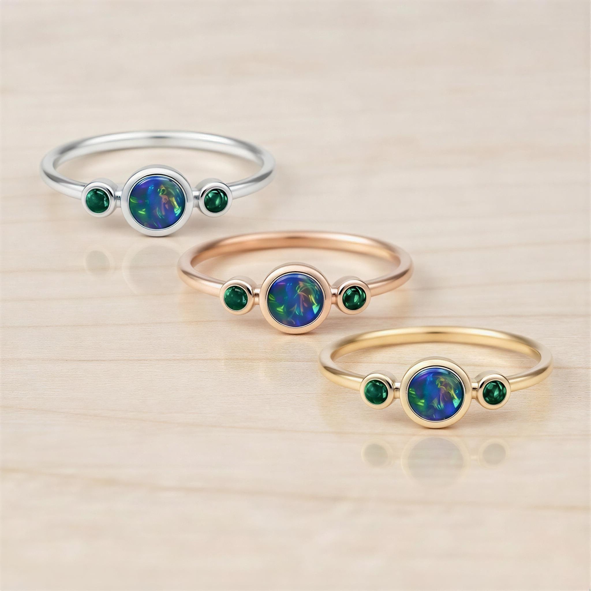 Australian Opal Ring, Bezel Set Doublet, Emerald Accent, 14K Gold, Size 3 9, Birthstone - view 5