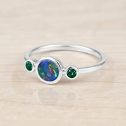 Australian Opal Ring, Bezel Set Doublet, Emerald Accent, 14K Gold, Size 3 9, Birthstone - view 6