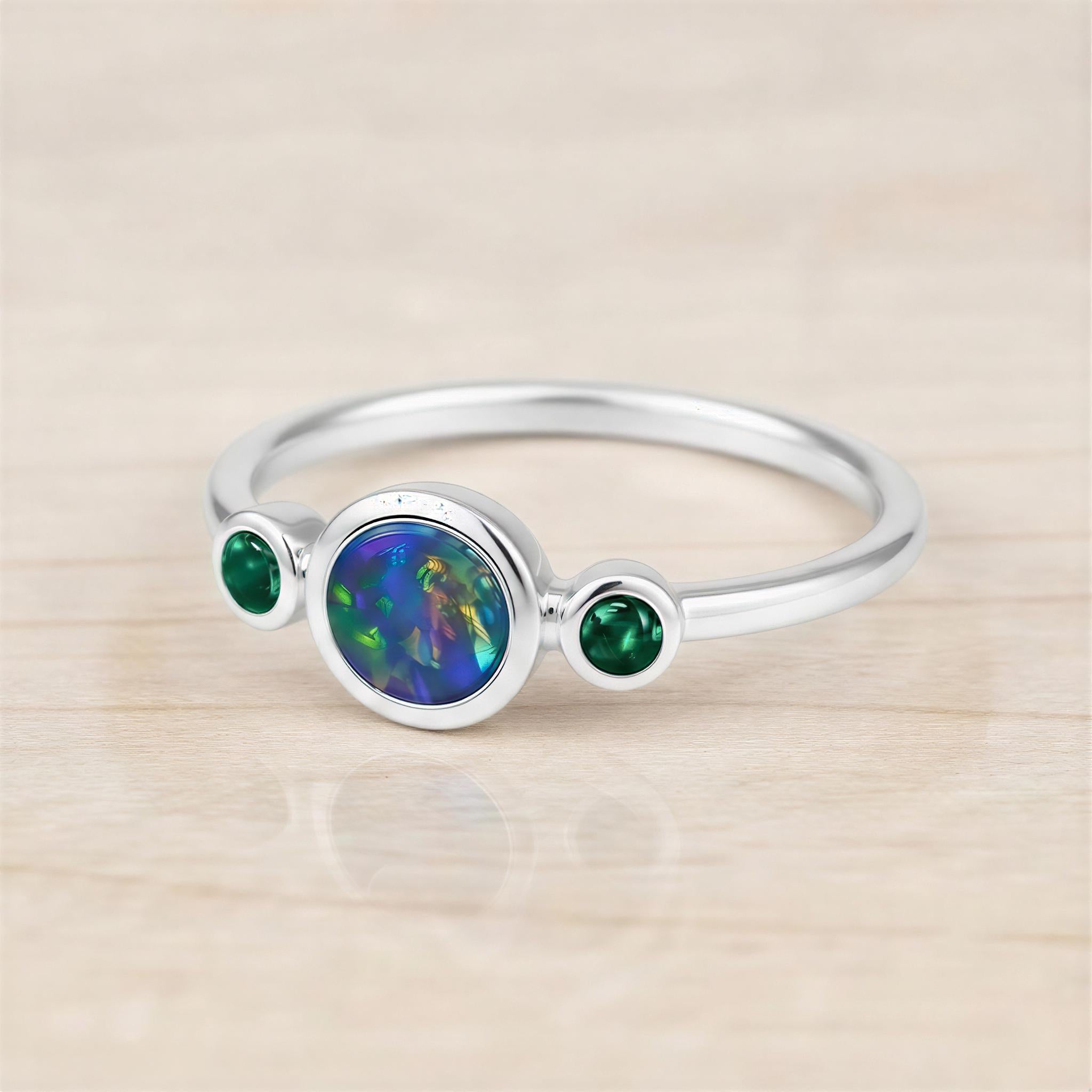 Australian Opal Ring, Bezel Set Doublet, Emerald Accent, 14K Gold, Size 3 9, Birthstone - view 6