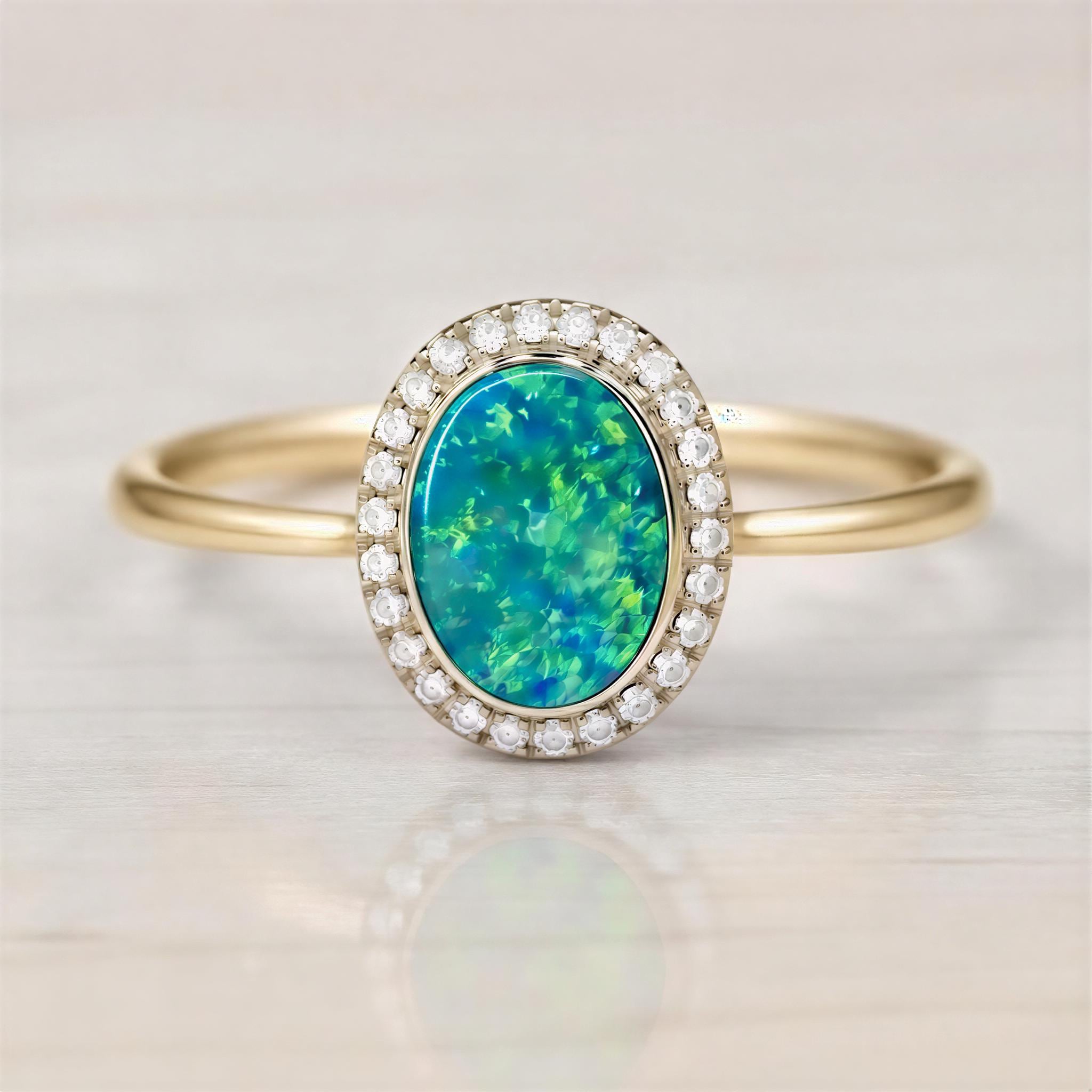 Opal Ring, Australian Boulder Doublet, Oval Halo, Lab Diamonds, 14K Gold, US 3 9, Dainty