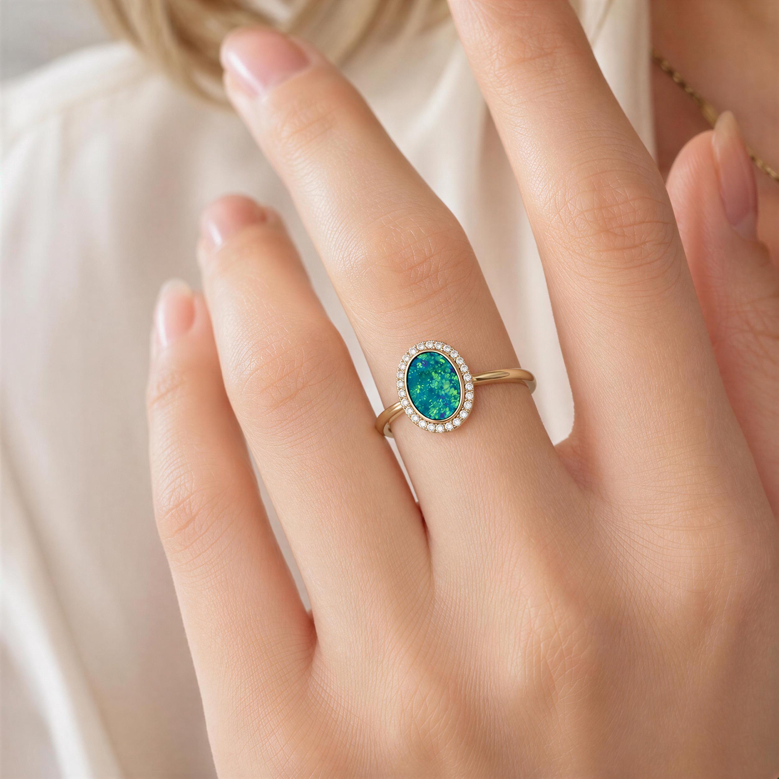 Opal Ring, Australian Boulder Doublet, Oval Halo, Lab Diamonds, 14K Gold, US 3 9, Dainty - view 3