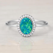 Opal Ring, Australian Boulder Doublet, Oval Halo, Lab Diamonds, 14K Gold, US 3 9, Dainty - view 4