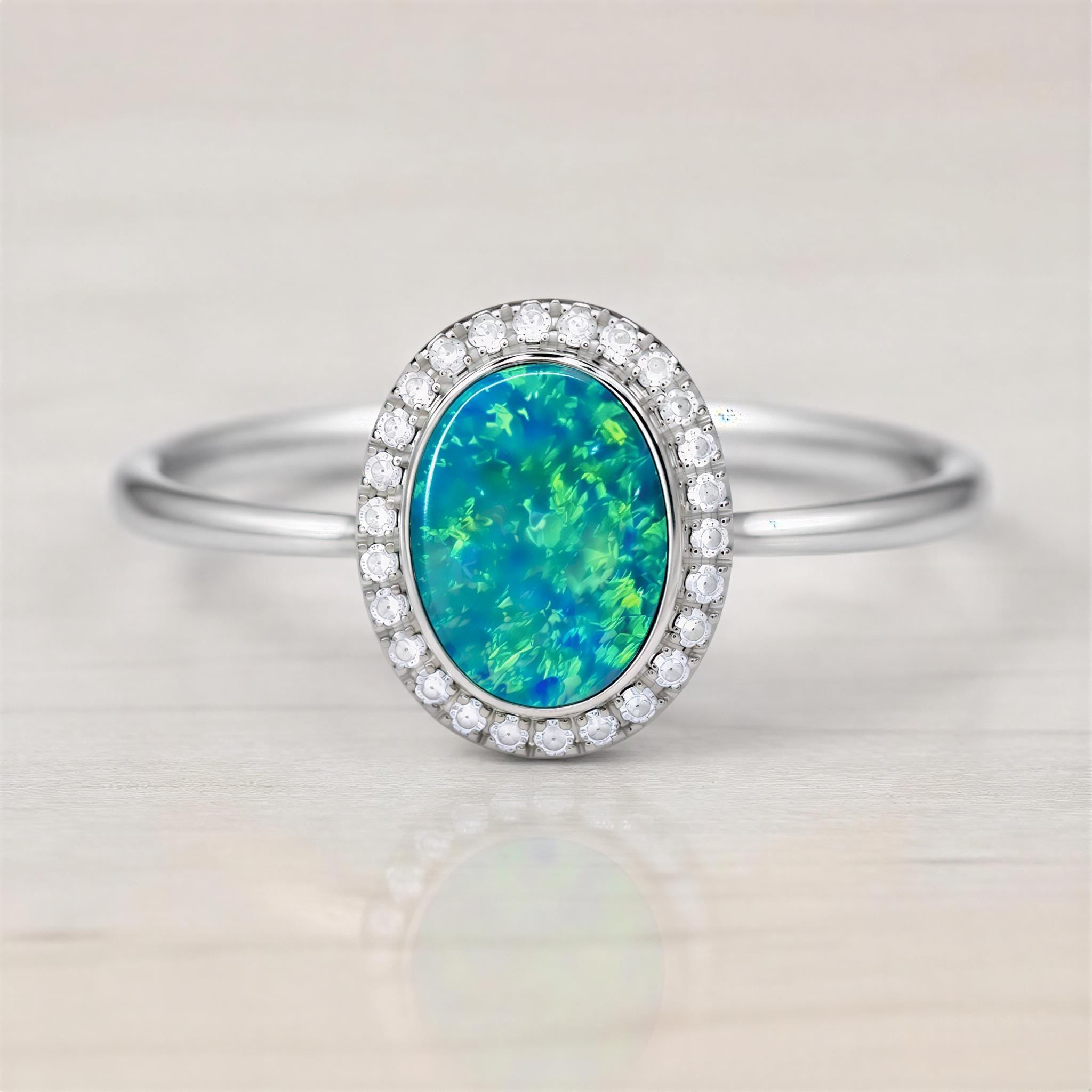 Opal Ring, Australian Boulder Doublet, Oval Halo, Lab Diamonds, 14K Gold, US 3 9, Dainty - view 4