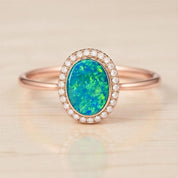 Opal Ring, Australian Boulder Doublet, Oval Halo, Lab Diamonds, 14K Gold, US 3 9, Dainty - view 5